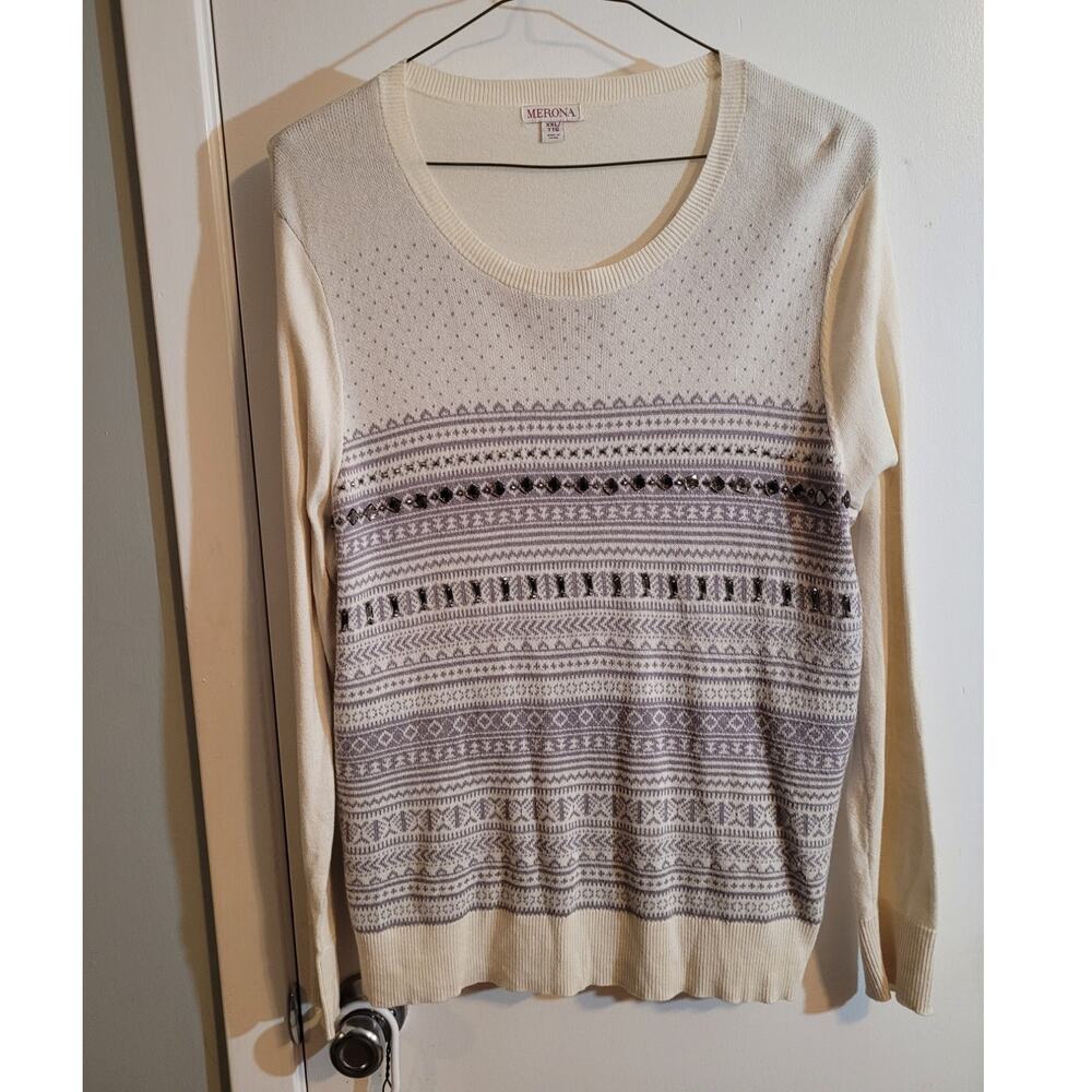 Fair Isle Rhinestone Sweater XXL Cream Nordic Preppy Holiday Winter Cozy Knit